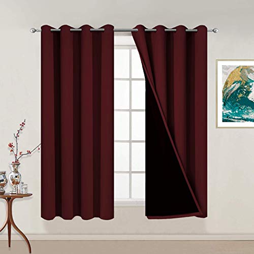 "Yakamok Burgundy Red Blackout Curtains 54 Inches Long for Bedroom 52"" Wide - Blackout Curtain Panels for Bedroom, 2 Thick Layers Grommet Top Thermal Insulated Drapes with Black Liner for Living Room"
