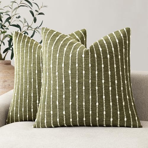 Foindtower Pack of 2 Decorative Jacquard Boucle Throw Pillow Covers Accent Textured Striped Pillowcases Soft Boho Modern Cushion for Couch Sofa Bedroom Living Room Home Decor 20x20 Inch Olive Green