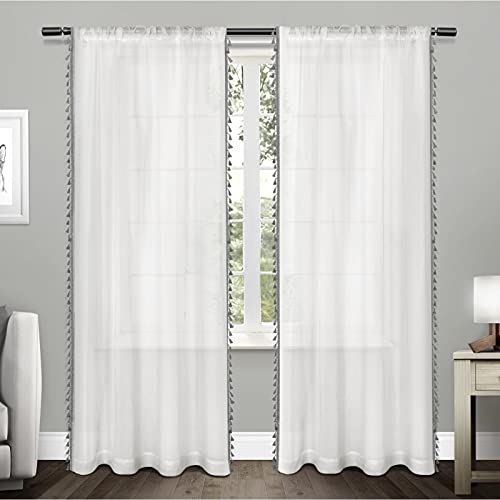 Exclusive Home Curtains Tassels Sheer Rod Pocket Top Panel Pair, Black Pearl, 54x84, 2 Piece