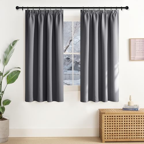 NICETOWN Window Curtains, Short Grey Curtain for Rail, Opaque, Bedroom Curtains with Ruffle Tape, Set of 2, 145 x 140 cm (H x W), Thermal Curtain, Heat Protection, Blackout