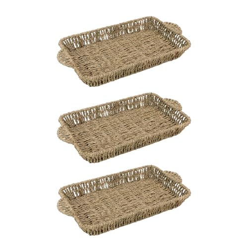 JVL Set of 3 Rectangular Seagrass Storage Tray with Handles ??? Hand Woven Natural Basket for Home Organisation, Brown