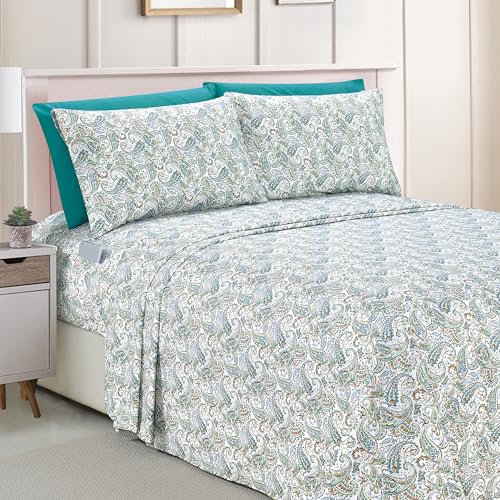 Elegant Comfort Amelia Paisley Printed 6-Piece Sheet Set, Deep Pocket 1500 Premium Hotel Quality, Fade and Wrinkle Resistant, Fitted Sheets with Smart Pockets, Paisley Sheet Set, Cal King, Teal