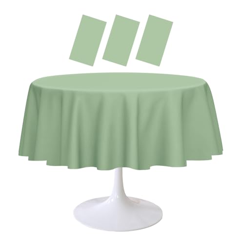 RINDOJIN 3 Pack Sage Green Round Tablecloth 84 x 84 Inch Round Plastic Table Cover Disposable Table Cloth for Picnic Party Birthday Wedding Baby Shower Circle Tablecloth