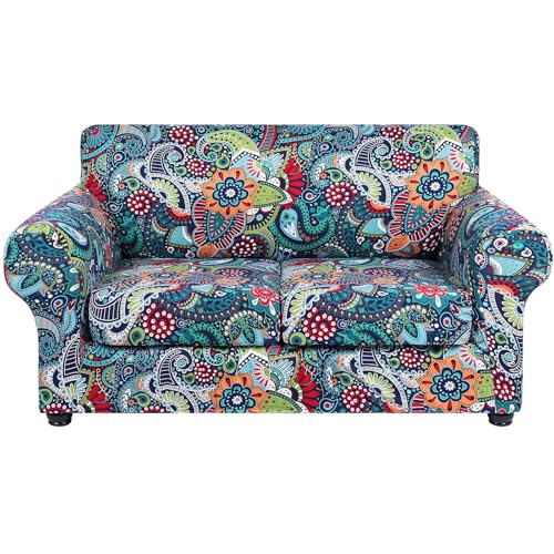hyha Printed Couch Cover for 2 Cushion Couch - Floral Pattern Sofa Cover with Separate Cushion Cover, 3 Pieces Stretch Loveseat Slipcover Washable Furniture Protector (Loveseat, Paisley Floral)