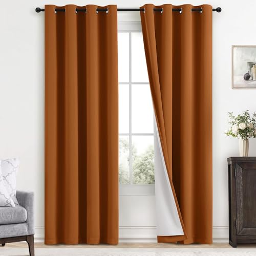 Yakamok Room Darkening 100% Blackout Curtains Grommet Window Treatments with 2 Thick Layers-Burnt Orange Thermal Insulated Drapes Set of 2 Panels for Bedroom Living Room 52 Inches by 84 Inches Length