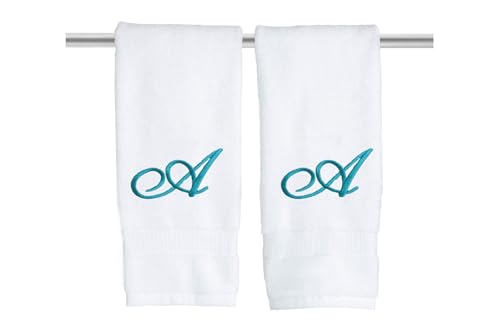 Decorvo White Monogrammed Hand Towels for Bathroom - Luxury Hotel Quality Personalized Initial Embroidered Towel for Powder Room, Spa - GOTS Organic Certified - Set of 2 Teal Letter A