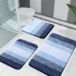 "OLANLY Bathroom Rugs Sets 3 Piece, Soft Absorbent Microfiber Bath Mats and U-Shaped Contour Toilet Rug, Plush Shaggy Bath Mat Set for Bathroom (30""x20""+24""x16""+24""x20"", Navy)"