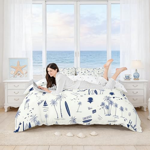 Coastal Beach Duvet Cover Set Twin Size,Surfboard Sailboat Palm Tree Bedding Set 2Pcs for Kids Girls Boys Teens Room Decor Summer Ocean Life Comforter Cover Navy Blue White Quilt Cover,1 Pillowcase