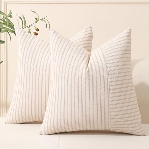 Hckot Khaki and Beige Patchwork Farmhouse Throw Pillow Covers 18 x 18 Inch, Pack of 2 Striped Linen Decorative Pillow Case for Sofa Couch Chair Bedroom Modern Decor(Khaki)