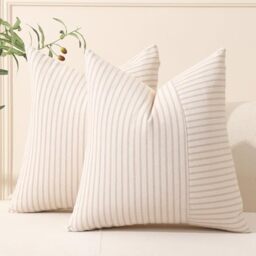 Hckot Khaki and Beige Patchwork Farmhouse Throw Pillow Covers 18 x 18 Inch, Pack of 2 Striped Linen Decorative Pillow Case for Sofa Couch Chair Bedroom Modern Decor(Khaki)
