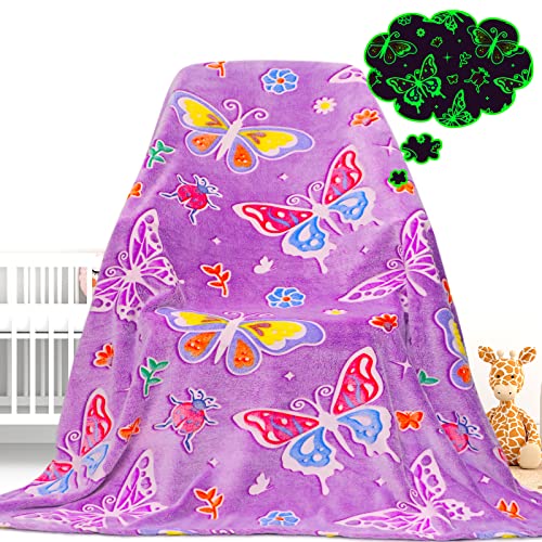 "Gdindff Butterfly Glow in The Dark Throw Blanket, Purple, 50"" x 60"" (130 x 150 cm), Girls, Kids, Adults"