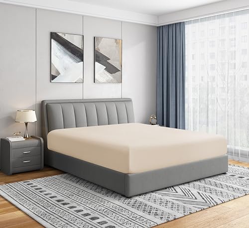 "Cathay Home Twin Fitted Sheet - Double Brushed Ultra Soft – Wrinkle & Fade Resistant - 16"" Deep Pocket Fitted Sheet Only - Good Fit for 14""-18"" Deep Mattress (Twin, Cream)"
