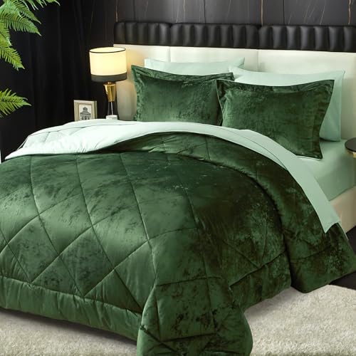 Ivellow King Comforter Set 7 Pieces Bed in a Bag Crushed Velvet Comforter Set Flannel King Green Comforter Ultra Soft Breathable Luxury Soft Warm Winter Bedding Set with Sheets, Pillowcases & Shams