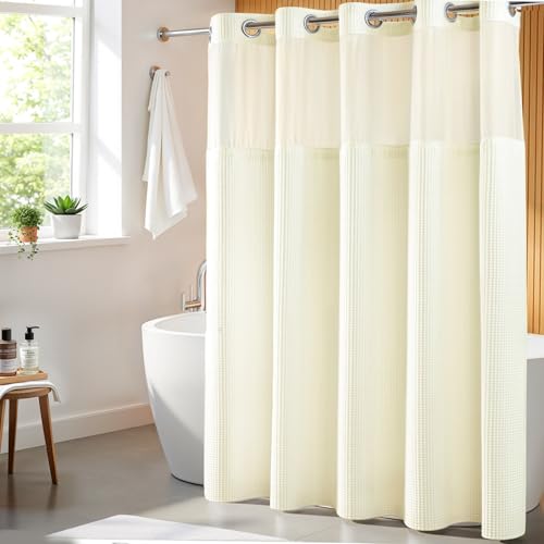 River Dream Cream Cotton Blend Fabric Shower Curtain Set with Liner, 71x74 - Waffle Weave, No Hook Needed, with Snap in Replacement Liner, Top Sheer Window, Hotel Quality Fabric for Bathroom