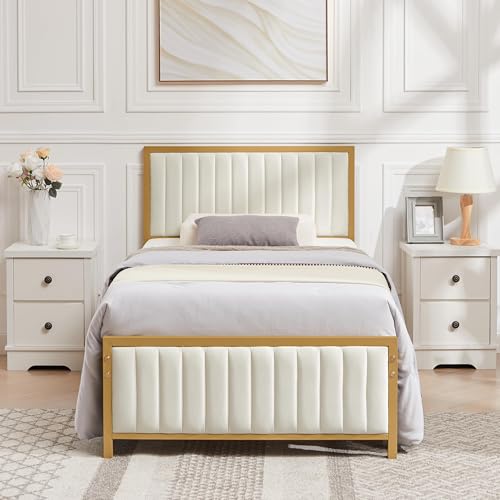VECELO 3ft Single Size Bed Frame with Linen Fabric Headboard and Footboard, Heavy-Duty Platform with Strong Steel Slats, No Box Spring Needed, Easy Assembly