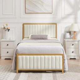 VECELO 3ft Single Size Bed Frame with Linen Fabric Headboard and Footboard, Heavy-Duty Platform with Strong Steel Slats, No Box Spring Needed, Easy Assembly