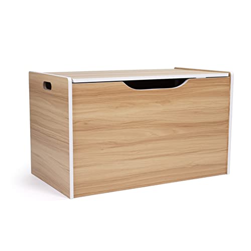 Humble Crew Journey Wooden Hinged Toy Storage Chest with Lid, Children's Toy Box Ideal for Bedroom, Nursery or Playroom, 27 x 15 x 17 inches (WxLxH) - Natural/White