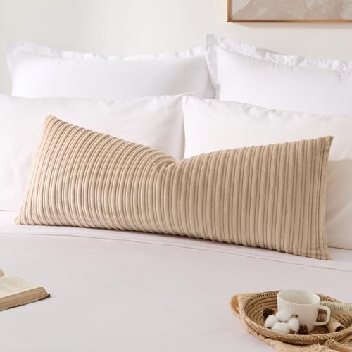 Kevin Textile 14x36 Inch Long Lumbar 1 Pack Plush Striped Corduroy Throw Pillow Cover Velvet Accent Decorative Long Body Rectangle Cushion Case for Living Room Couch Sofa Bed, Beige