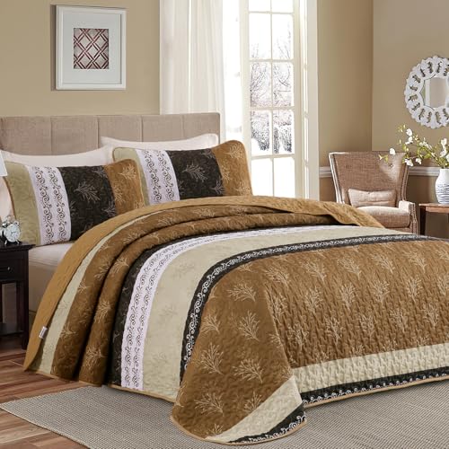 DJY Brown Quilt Set Queen Striped Bedspread Coverlet Set 3 Pieces Boho Branch Floral Pattern Quilted Bedding Set, Soft Lightweight Bed Cover for All Season (96''x90'')