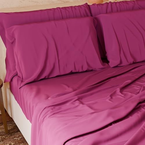 PETTI Italian Artisans - 4-Piece Maxi Double Bed Sheet Set, Soft and Breathable, Complete Bed Set with Top Sheet, Fitted Bottom Sheet and 2 Pillowcases, Fuchsia Sheets