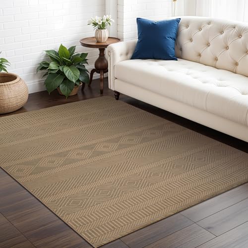 Livabliss Mythri Ricadi Washable Carpet 198x275 cm, Living Room, Dining & Hallway, Geometric Jute Style, Easy Care, Tan Beige