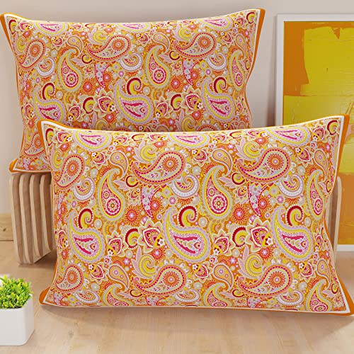 PETTI Artigiani Italiani - Bed Pillowcases, Set of 2 Pillow Covers 40x70 cm, Cushion Cover in Hypoallergenic Microfibre, Made in Italy, Paisley Arancione Pattern