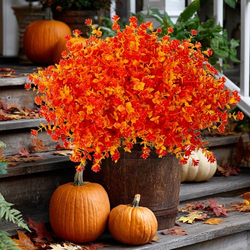 AXYLEX Artificial Autumn Flowers Outdoor Artificial Chrysanthemum UV Resistant No Fade Green Plants Garden Porch Patio Autumn Home Decor 12 Bundles (Orange, Yellow)