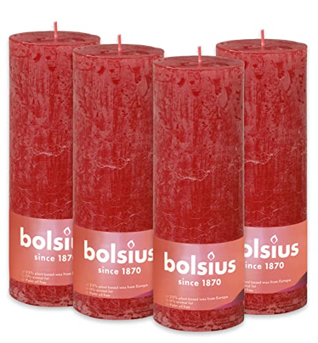 Bolsius Rustic Pillar Candle - Red - 7.5″ × 2.8″ - Pack of 4 - Long Burning Time of 85 Hours - Household Candle - Interior Decoration - Unscented - Natural Vegan Wax - No Palm Oil