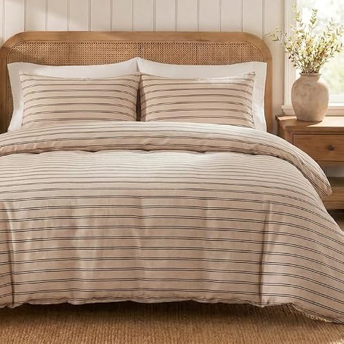 Herside 100% Cotton Double Gauze Striped Duvet Cover Set Queen Size,Beige Apricot Fine Stripe Soft Breathable Cotton Bedding Set Modern Simple 3 Piece Quilt Duvet Set for All Seasons