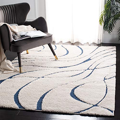 Safavieh Shag Rug for Living Room, Dining Room, Bedroom - Florida Shag Collection, High Pile, in Cream and Blue, 201 X 201 cm