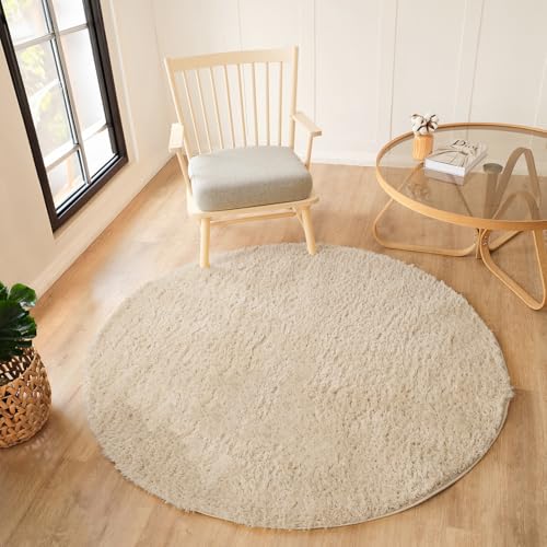 Livabliss Soso Shaggy Berber Round Carpet 120 cm, Living Room & Bedroom, Soft Plush Thick Pile, Neutral Boho Fluffy Style, Easy Care, Ivory