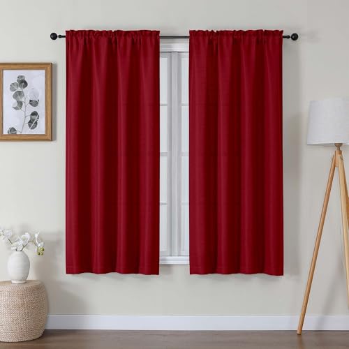 "Lecloud Bessie Red Christmas Curtains 63 Inch Length 2 Panels, Privacy Faux Linen Breathable Light Filtering Curtain, Rustic Dual Rod Pocket Window Drapes for Bedroom Livingroom, Each 40"" W x 63"" L"