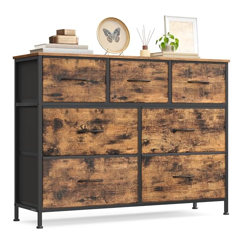 SONGMICS Chest of Drawers, 7 Storage Drawers Bedroom, Storage Unit, Steel, MDF, Non-Woven Fabric, for Bedroom, Closet, Hallway, Living Room, Rustic Brown and Ink Black LGS323BH04
