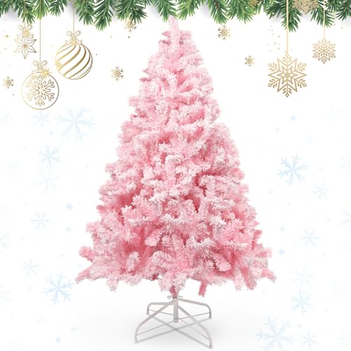 AGM Christmas Tree 5ft, Snow Flocked Artificial Pink Christmas Tree with 600 Branch Tips, Outdoor Xmas Tree for Christmas Decorations