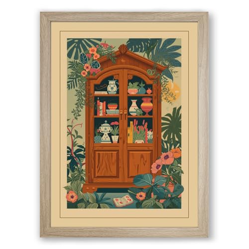 Cabinet of Curiosities Art Deco Framed Wall Art Print A1 (84.1×59.4cm) Oak, Wall Decor for Living Room, Bedroom, Office & Home, Ready to Hang, Art Gift
