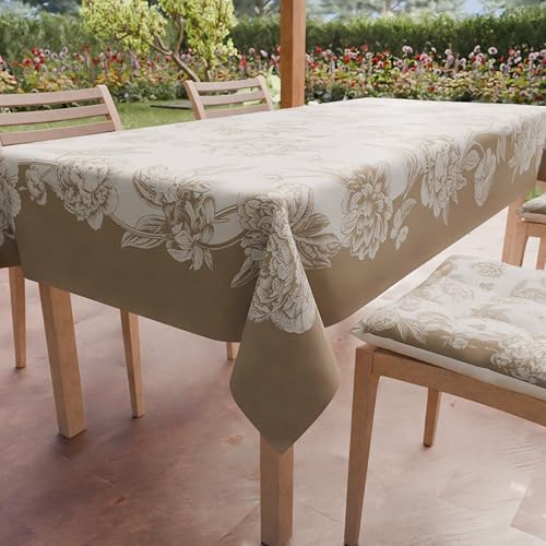PETTI Artigiani Italiani - Stain Resistant Tablecloth Rectangular 140x300 cm 14 Seats, Wipe Clean Microfibre Kitchen Table Cover, Peonies Design Taupe, 100% Made in Italy
