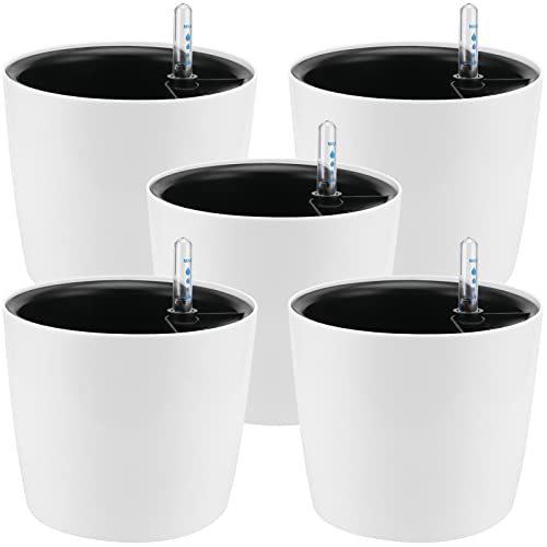HEIHAK 5 Pack 7 Inch Self Watering Planter for Indoor Plants, White Decorative Round Plastic Self Watering Pots with Level Indicators for Soil Planting, Flowers, Herb, African Violet, Succulent