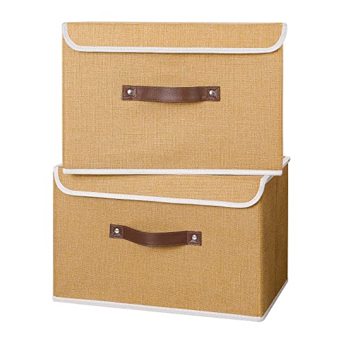 ANMINY 2PCS Storage Bins with Lid PU Leather Handles Storage Boxes PP Plastic Board Decorative Foldable Lidded Cotton Linen Fabric Home Cubes Baskets Closet Organizer Containers - Khaki, Large Size