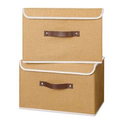 ANMINY 2PCS Storage Bins with Lid PU Leather Handles Storage Boxes PP Plastic Board Decorative Foldable Lidded Cotton Linen Fabric Home Cubes Baskets Closet Organizer Containers - Khaki, Large Size