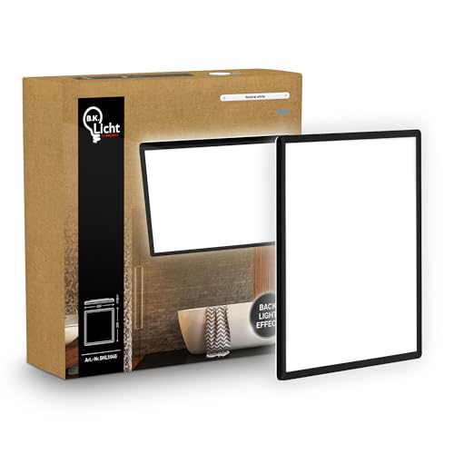 B.K.Licht - LED Panel, Slim, 4000K Neutral White, Indirect Backlighting, IP44 Splash-Proof, Ceiling Lights, Bathroom Light, Bathroom Lights Ceiling, Living Room, 29 x 29 x 3 cm, Black