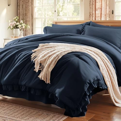 Anluoer Queen Comforter Set 7 Piece, Ruffle Bed in a Bag Queen Bedding Sets - Navy Blue Ruffle Vintage, Shabby Chic, OEKO-TEX Certified, Down Alternative Comforter, Breathable sheets & pillowcases