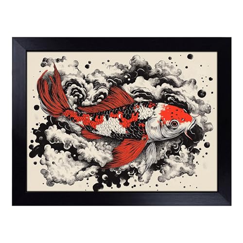 Lap Tray with Bean Bag Cushion, Koi Fish Artwork - Handmade in the UK, Raised Wooden Edge, Padded Cushion, Heat-Resistant Wipe-Clean Surface, for Meals, Laptops and Crafts