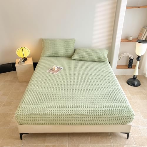 "Waffle Weave Twin XL Fitted Sheet Deep Pocket 15"" - Ultra Soft Textured Bed Sheet with Elastic All Around - Breathable Hotel Quality Bedding, Sage Green"