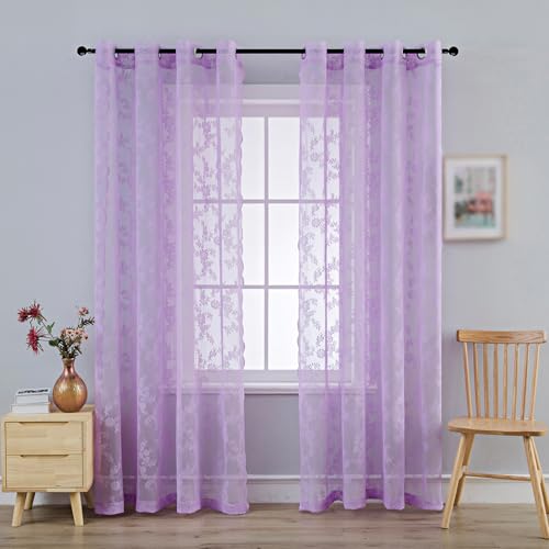 Anytime Purple Lace Sheer Curtain Panels for Living Room Elegant Window Treatment Sets Light Filtering Translucent Draperies for Office (2 Panels,W55 x L95inch)