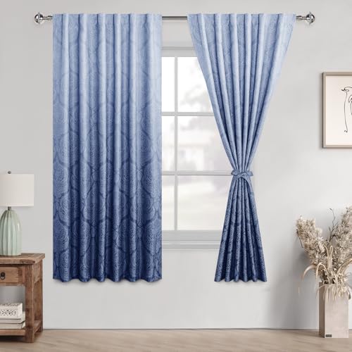 DWCN Navy Blackout Curtains for Bedroom 63 inches Length - Back Tab Ombre Damask Design Thermal Insulted Window Drapes with Tiebacks Blackout Curtains for Bedroom, 2 Panels, W52 x L 63, Navy