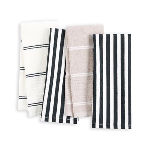 "Kate Spade New York Botanical Stripe Kitchen Towels 4-Pack Set, Absorbent 100% Cotton, Black/Beige, 17""x28"""
