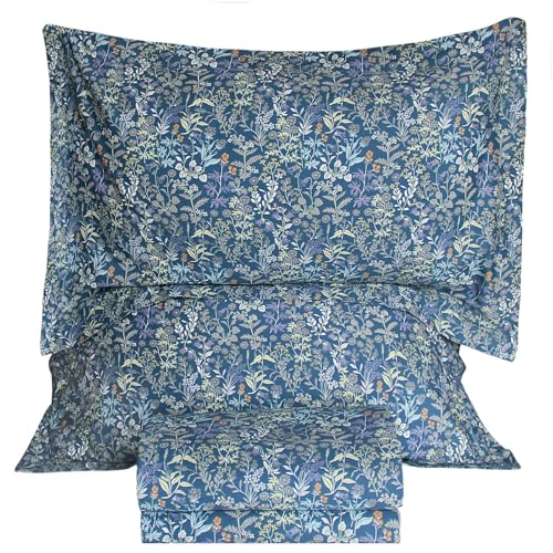 "QSH 100% Cotton Sheets for King Size Bed - Blue Floral Plant Pattern Botanical Luxury Cotton Printed Floral Bedding King Size Sheet with Deep Pockets 17"" Soft and Breathable 4pcs"