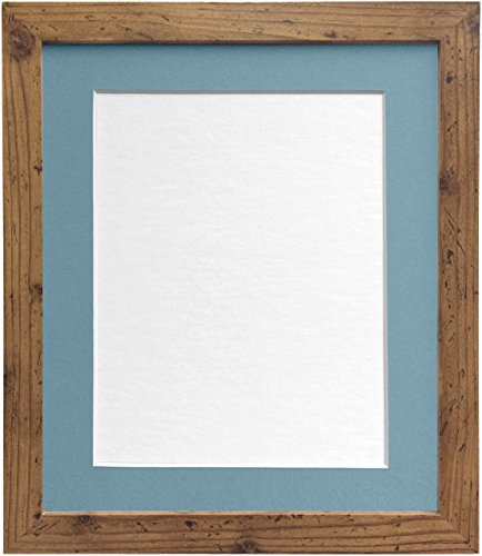"FRAMES BY POST 25mm wide H7 Rustic Oak Picture Photo Frame with Light Blue Grey Mount 20""X16"" for Pic Size 15""x10"" (Plastic Glass)"