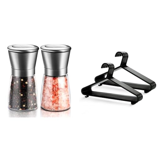 "ACCL PG-S Stainless Steel Salt, Refillable and Adjustable Coarseness Manual Pepper Mill, 5.3""x 2.5"" & KEPLIN Adult Plastic Coat Hangers - 25pk, Black Colour, Strong Clothes Hangers for Clothes Rail"