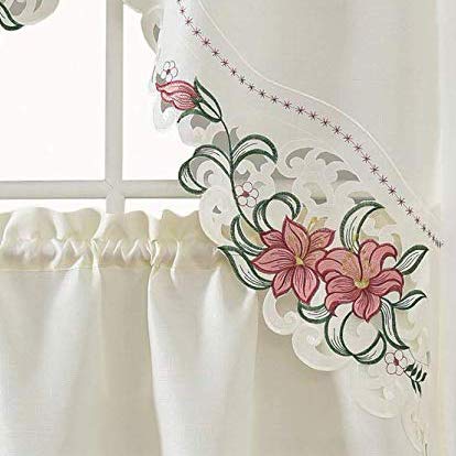 GOHD Lily Fragrance. 3pcs Multi-Color Embroidery Kitchen Cafe Curtain Set Swag and Tiers Set with cutworks. (Burgundy)